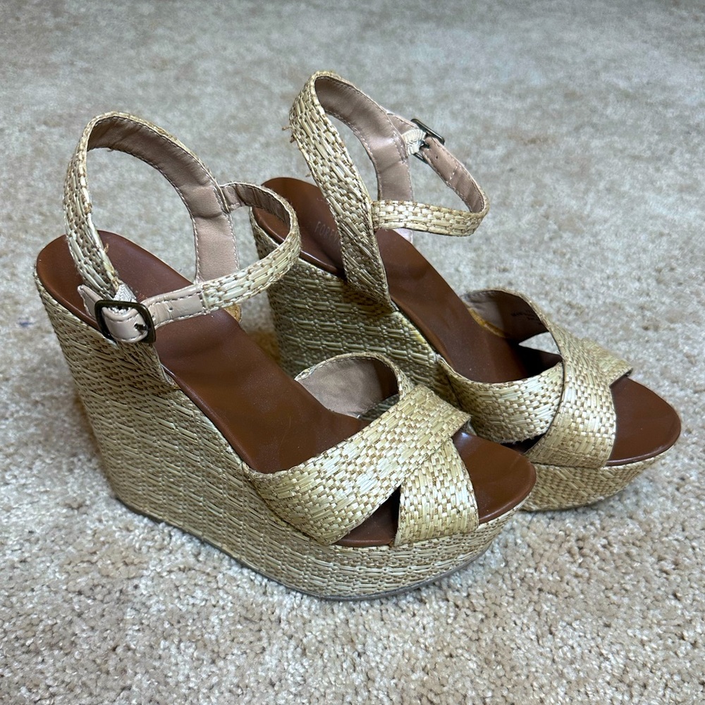 Tweed ankle strap peep toe wedge sandal / size 9 / used in good condition!